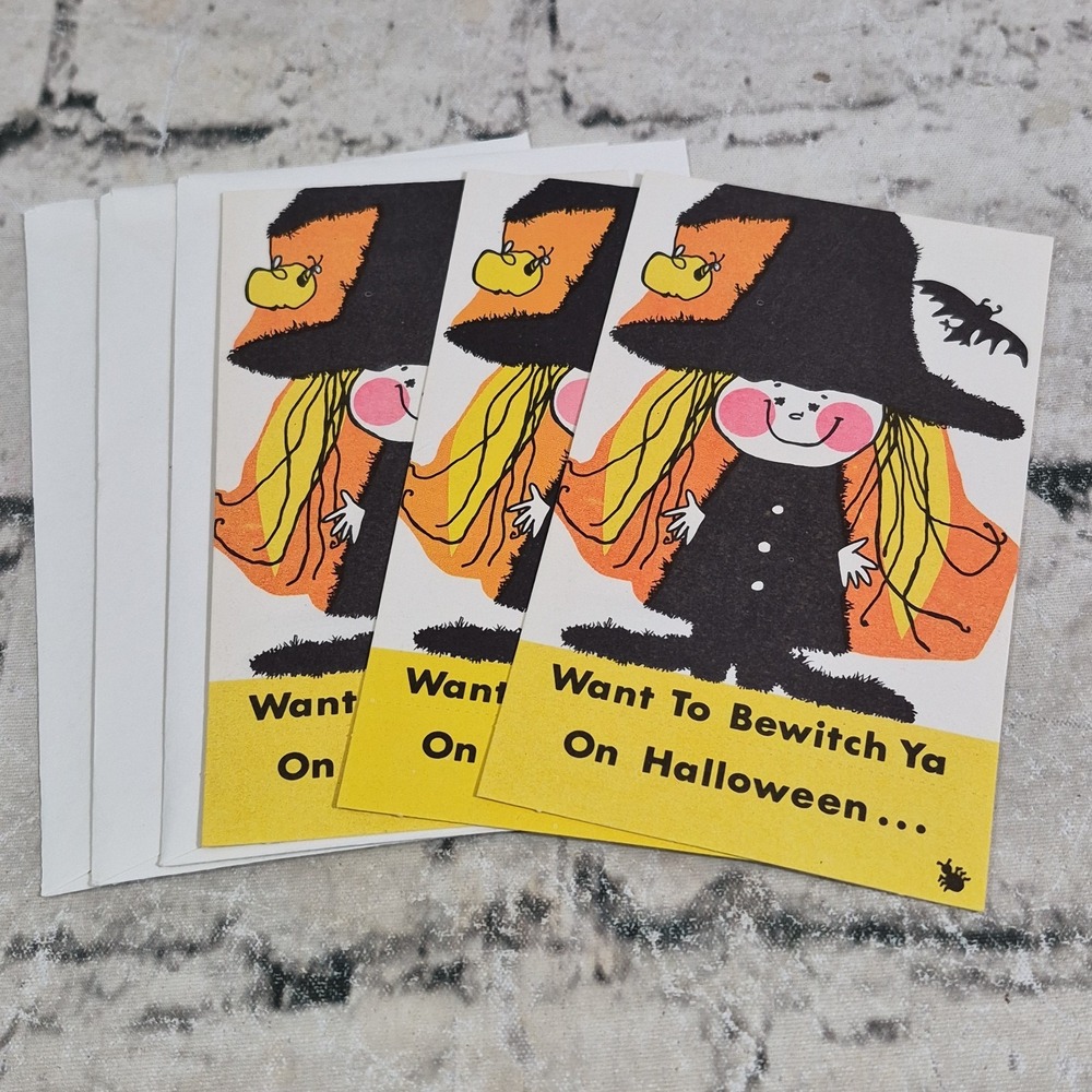 Vintage Pakay 1960s Witch Halloween Party Invitation Cards Lot Of 3 W/Envelopes
